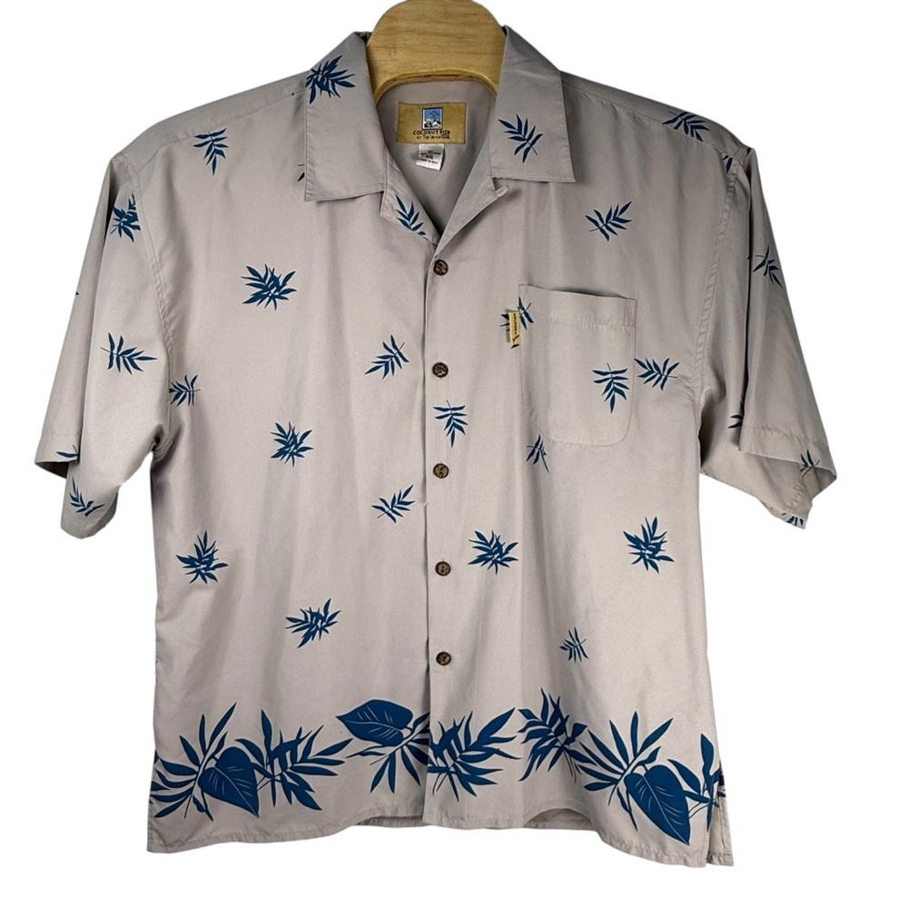 Coconut Pier Hawaiian Shirt XXL Beige Blue‎ Palm Print Camp Shirt